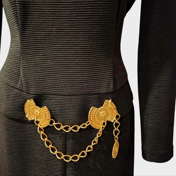 Vintage Joseph Ribkoff Black Dress with Gold Medallion, Slit at Front - Picture 4 of 5